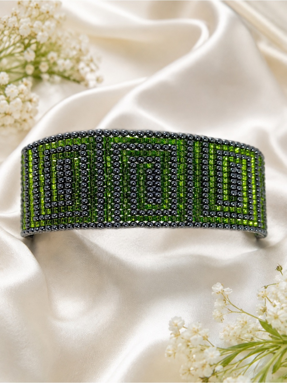Handwoven Guatemalan Beaded Bracelet | Green Geometric Cuff Handmade by Artisans
